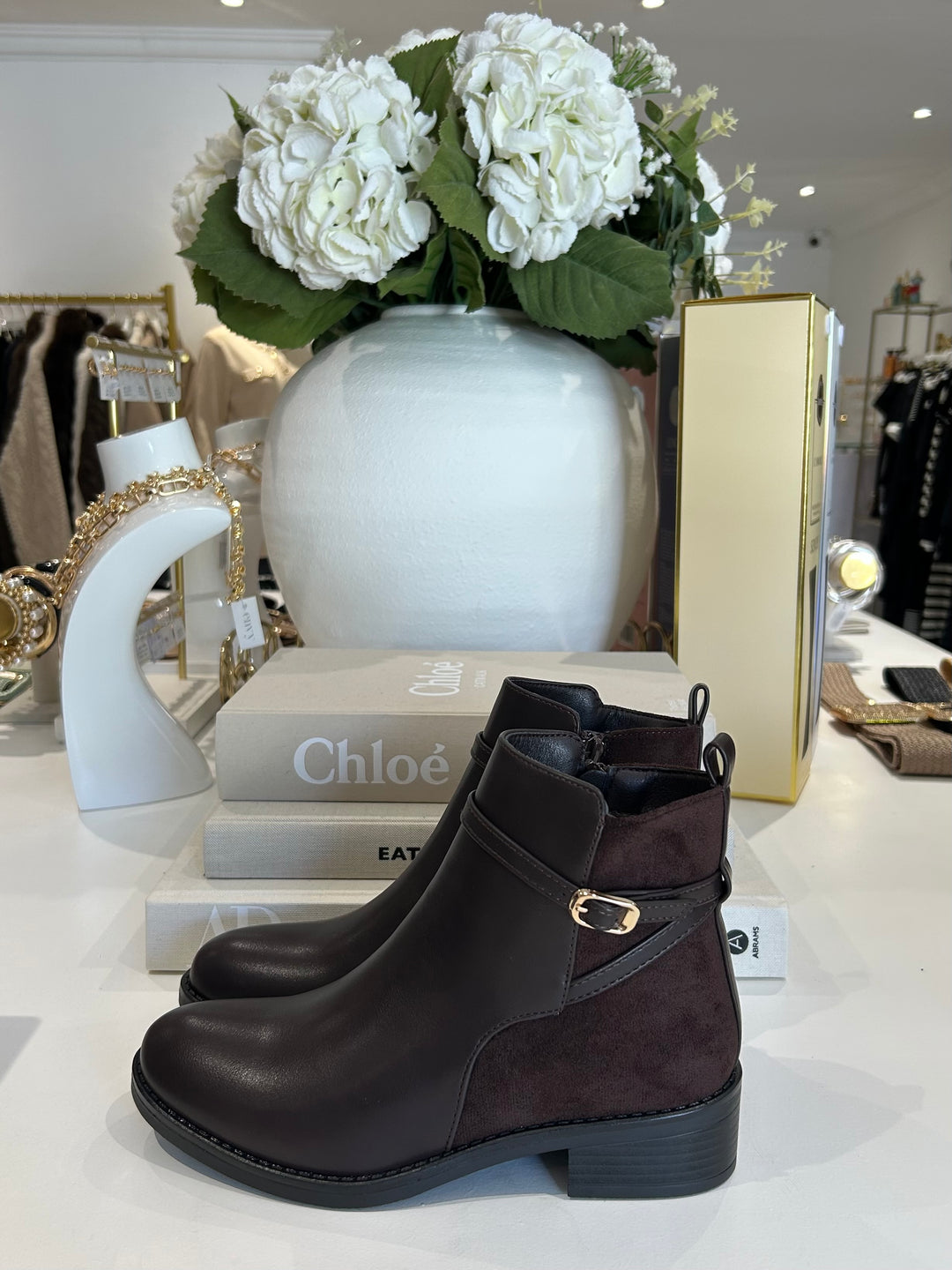 Faux Leather & Suede Gold Buckle Ankle Boots (2 Colours)