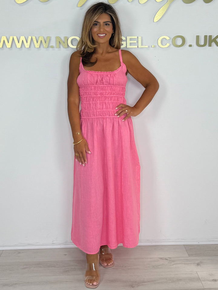 Linen Smocked Thin Strapped Side Split Maxi Dress (3 Colours)