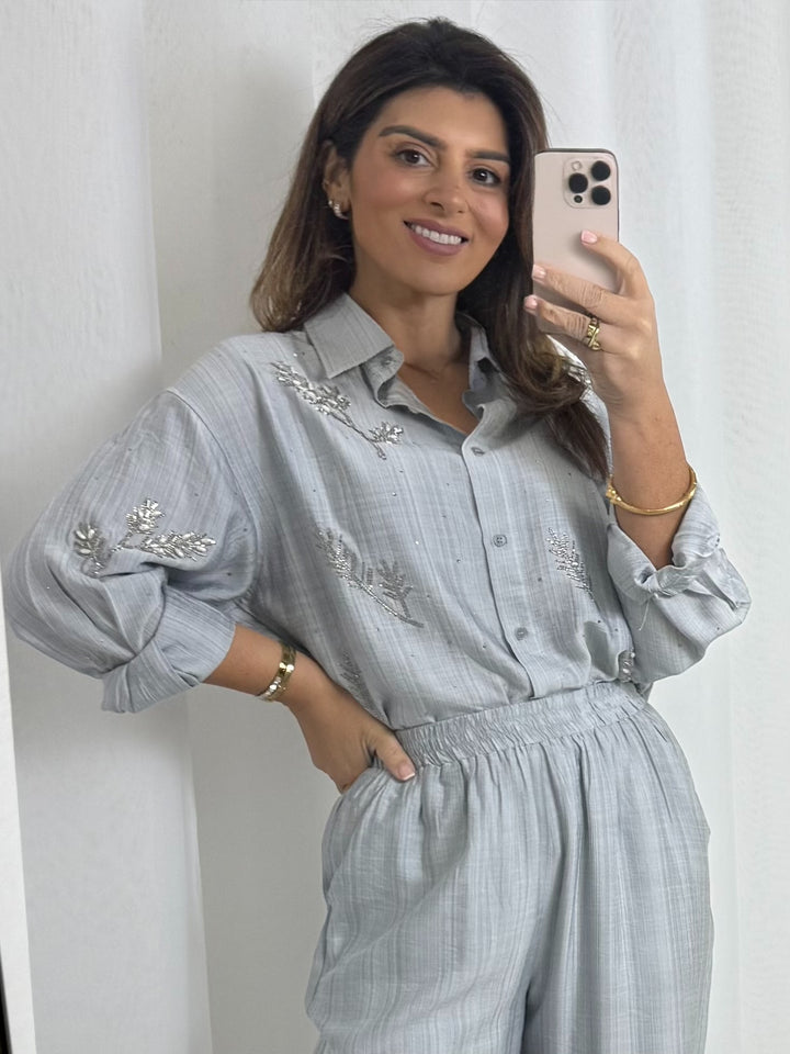 Silk Grey Jewelled/Beaded Oversize Shirt & Trouser Co-ord