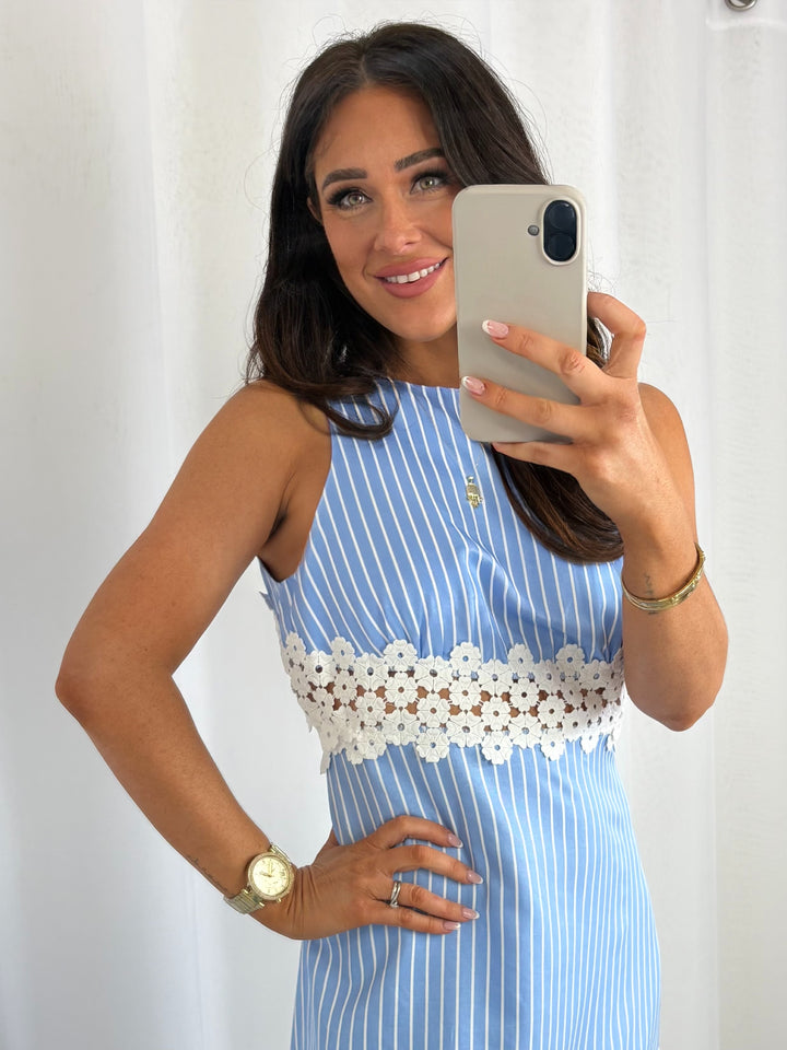 Pinstripe White Floral Crochet Detail Back Cut Out Dress