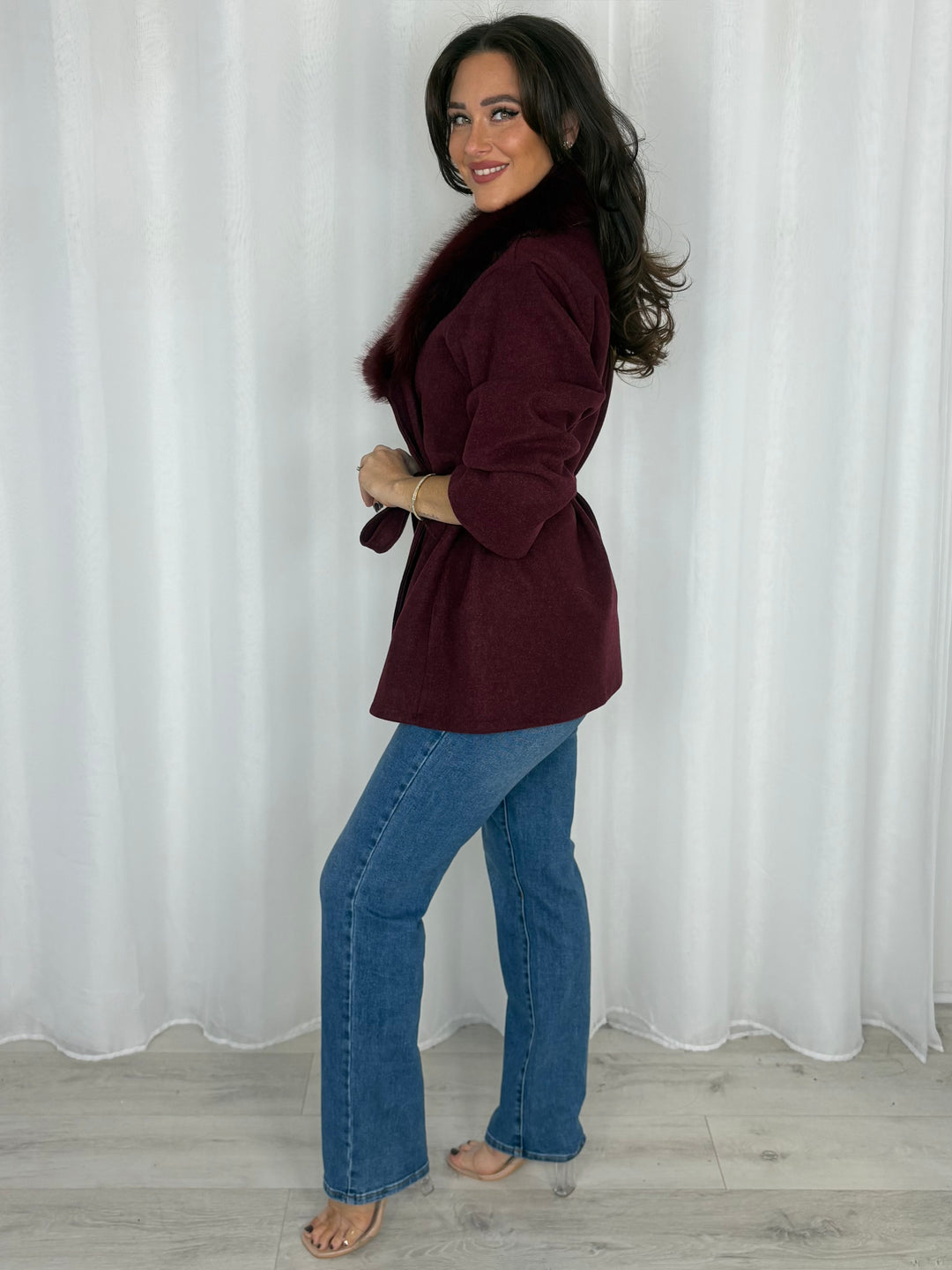 Faux Fur Collar Belted Wrap Cardigan