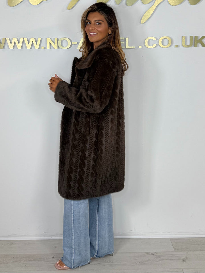 Faux Fur Cable Design Double Breasted Gold Button Long Jacket (2 Colours)