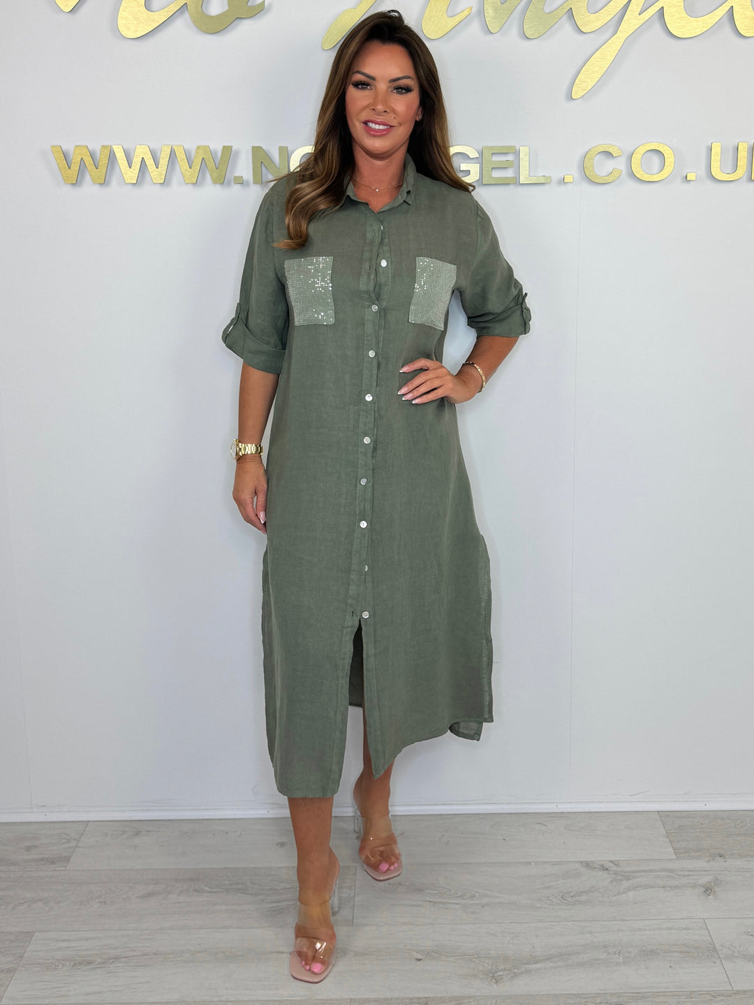 Sequin Pocket & Back Detail Linen Shirt Dress (5 Colours)