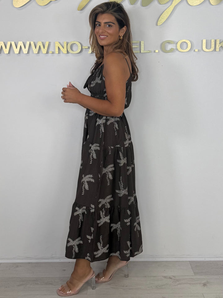 Spaghetti Strap Palm Tree Print Tiered Smocked Tassel Detail Midi Dress (2 Colours)