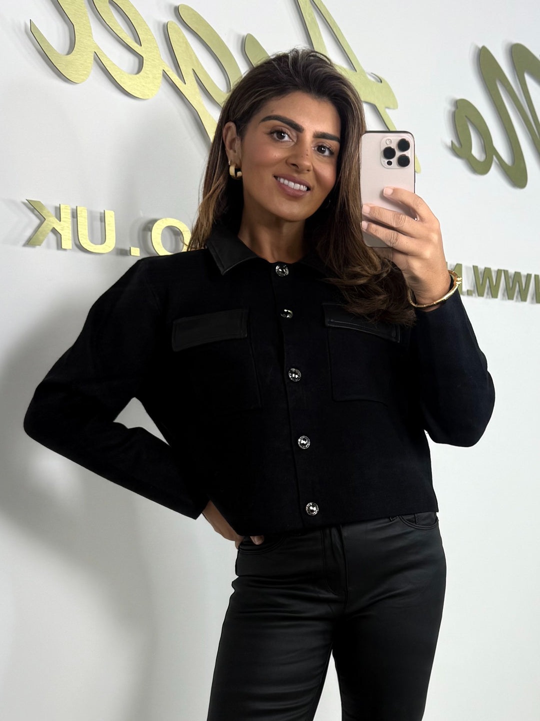 Faux Leather Cuff & Collar Pocket Detail Cardigan (3 Colours)