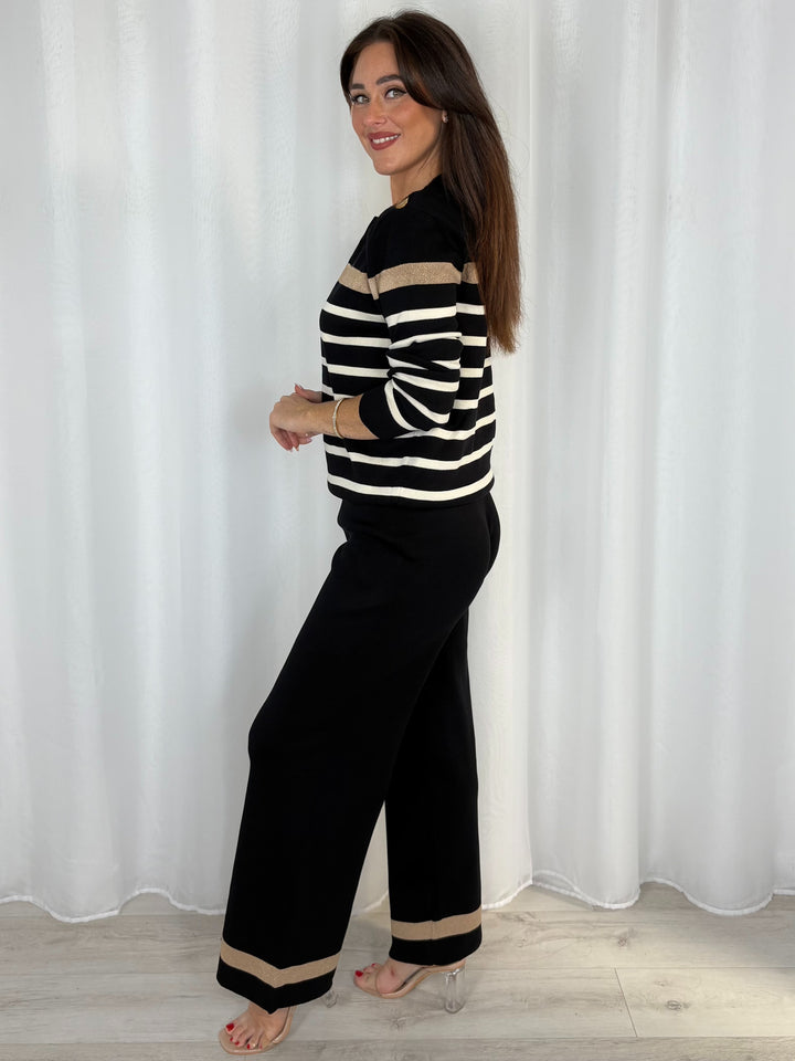 Striped Jumper With Gold Button Detail And Straight Leg Trouser Co-Ord (4 Colours)