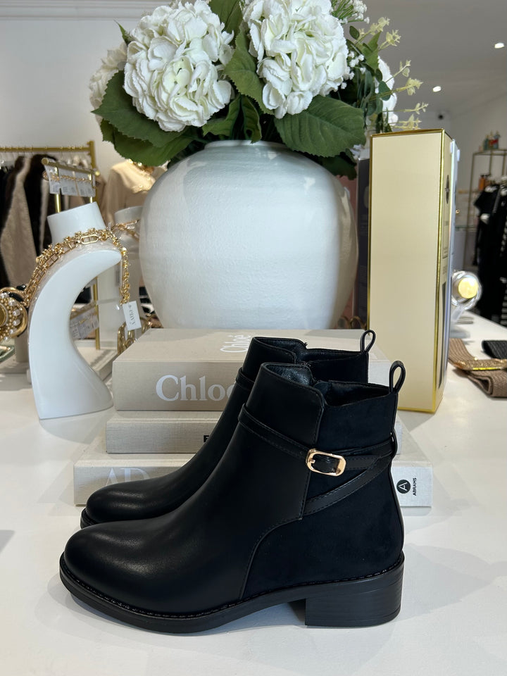 Faux Leather & Suede Gold Buckle Ankle Boots (2 Colours)
