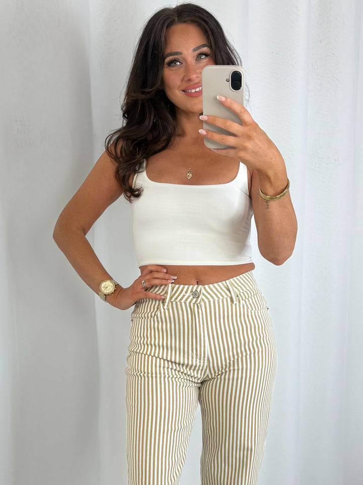 Beige/White Striped Mom Jeans