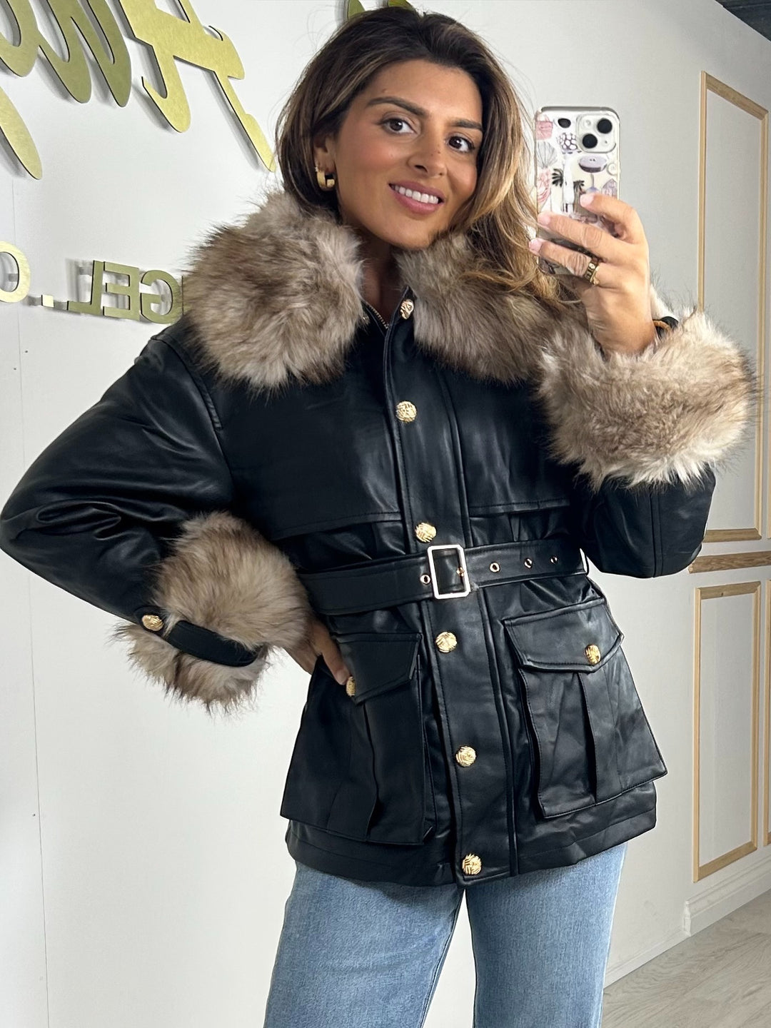Black Faux Fur & Leather Belted Zip Up Jacket