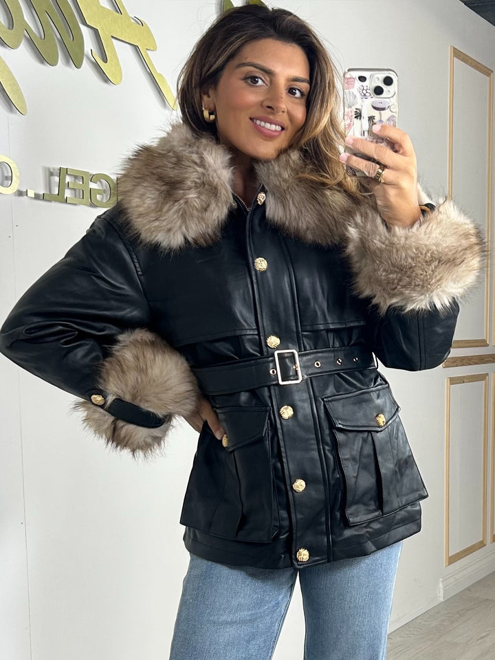Black Faux Fur & Leather Belted Zip Up Jacket
