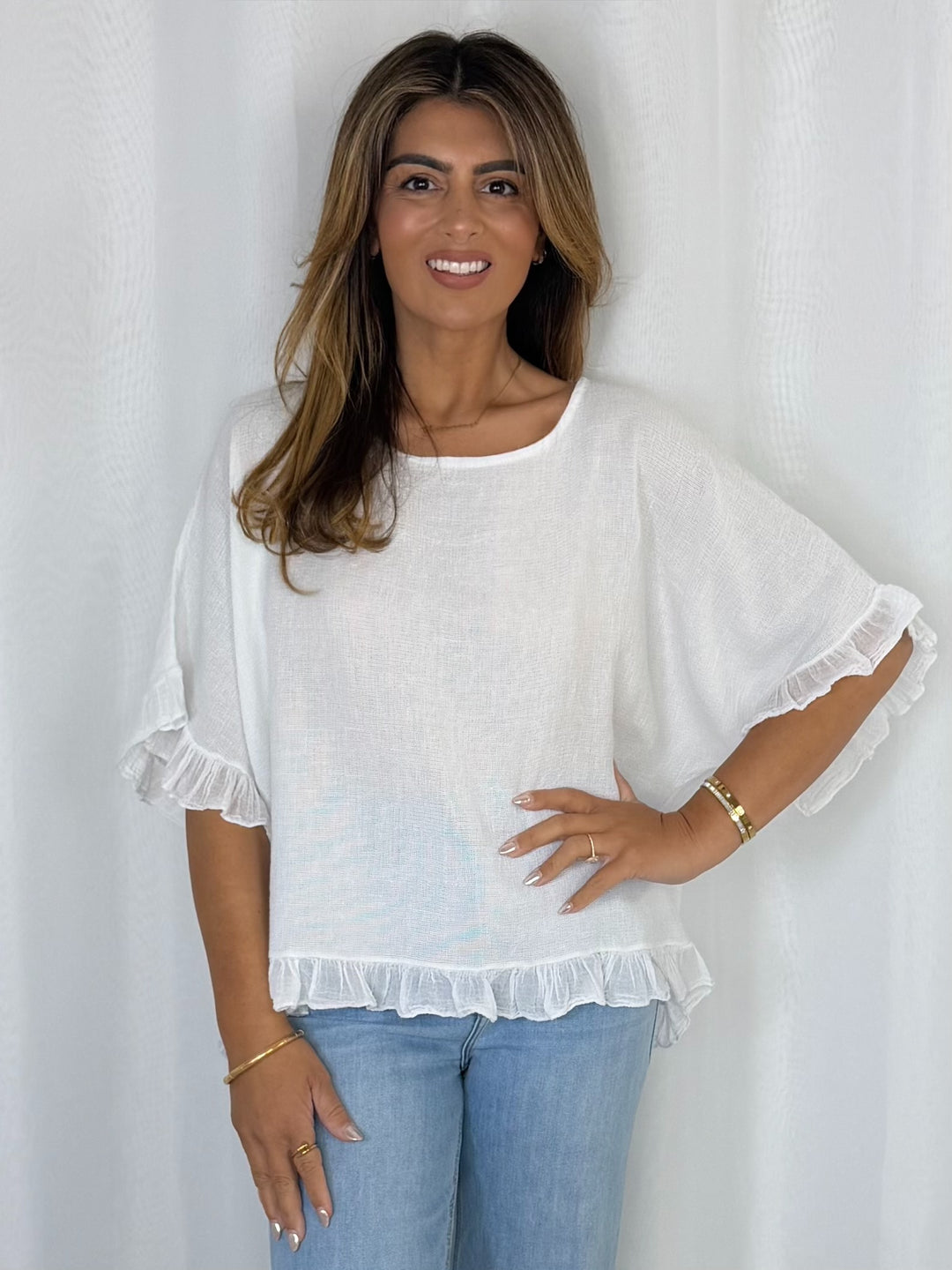 Frill Trim Batwing Top (10 Colours)