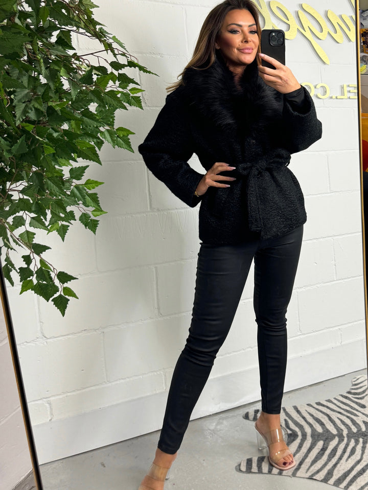Black Faux Fur Collar Belted Short Jacket