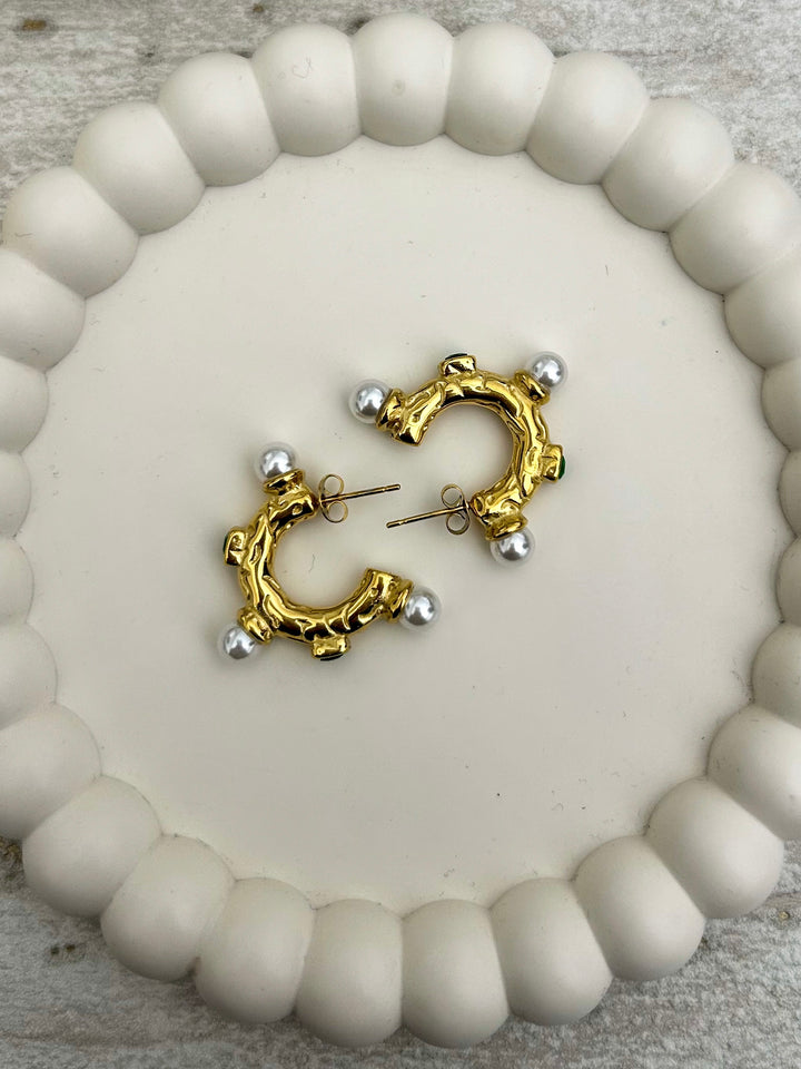 Chunky Emerald & Pearl Detailed Hoops