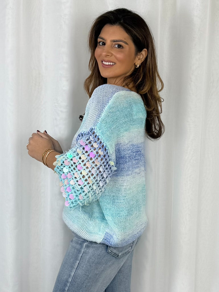Blue V-Neck Large Sequin Disk Crochet Sleeve Jumper