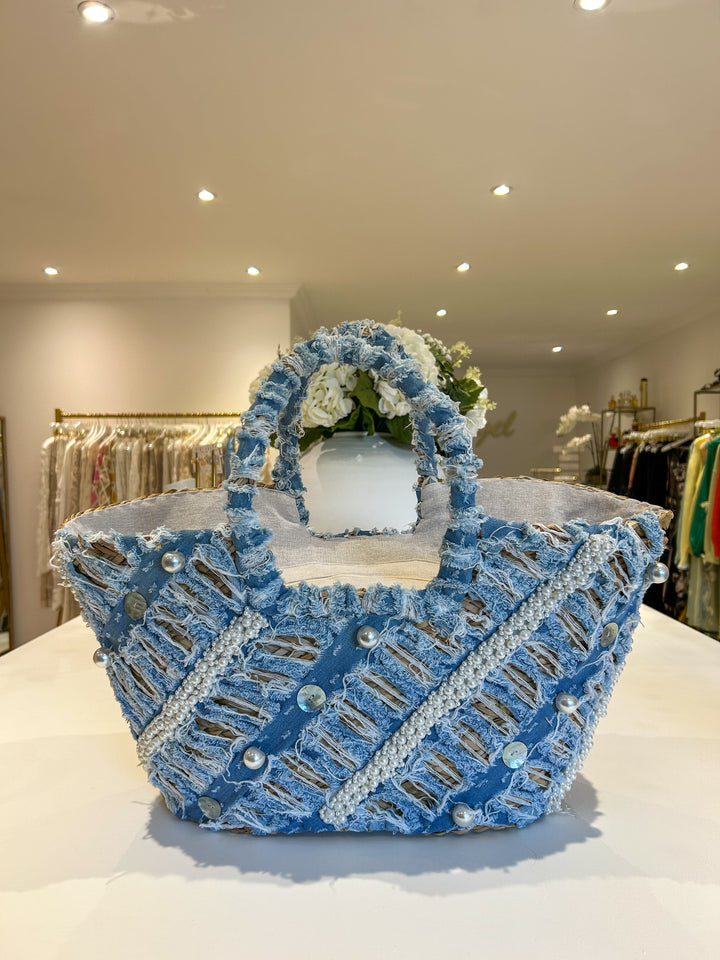 Blue Denim Pearl Button Detail Beach Bag