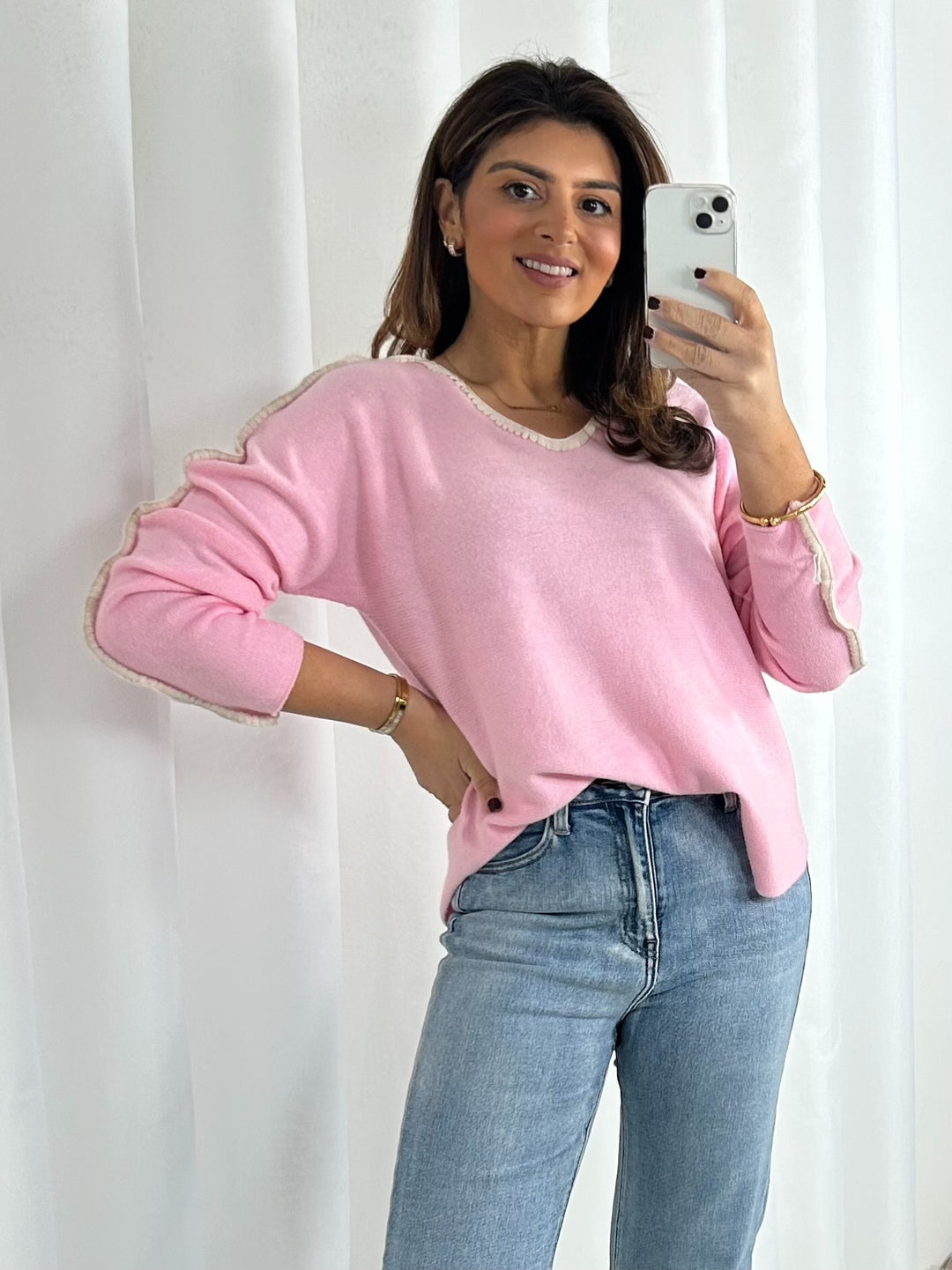 V-Neck Soft Knit White Piping Jumper (4 Colours)