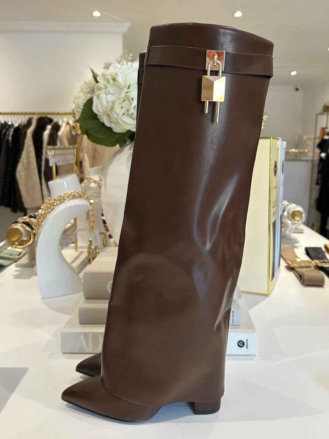 Gold Buckle Faux Leather Fold Over Knee High Boots (2 Colours)