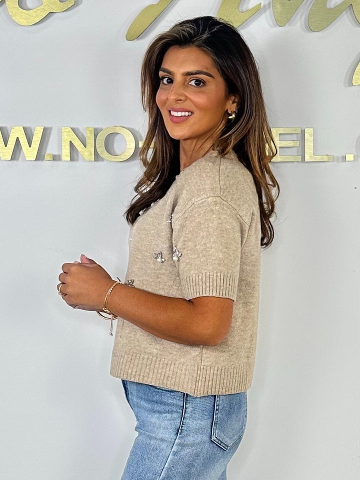 Oatmeal Soft Knit Pearl Diamante Scattered Jumper