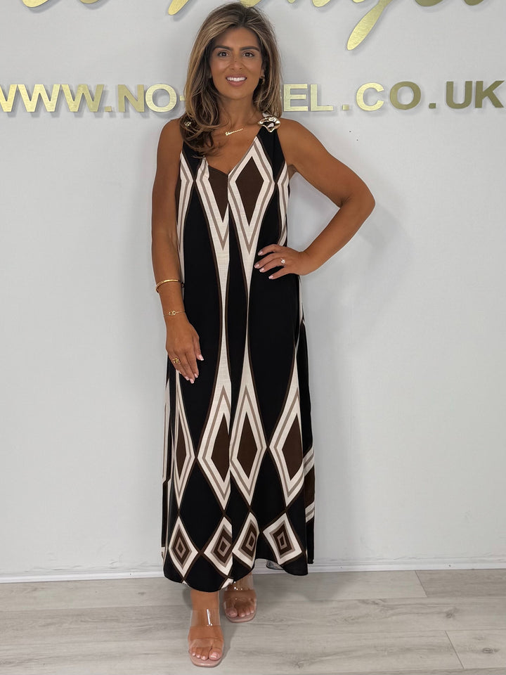 Diamond Detail V Neck Gold Hardware Floaty  Dress (3 Colours)