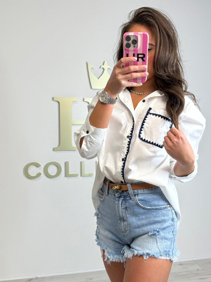 White Navy Embroidery Detail High Low Shirt