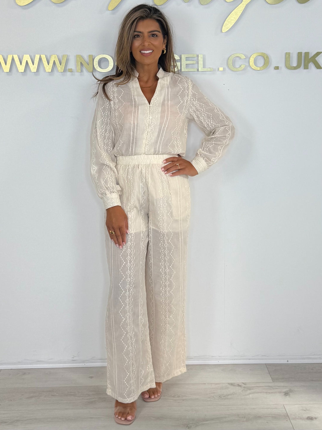 Embroidered Stitching Grandad Collar Trouser Co-ord (2 Colours)