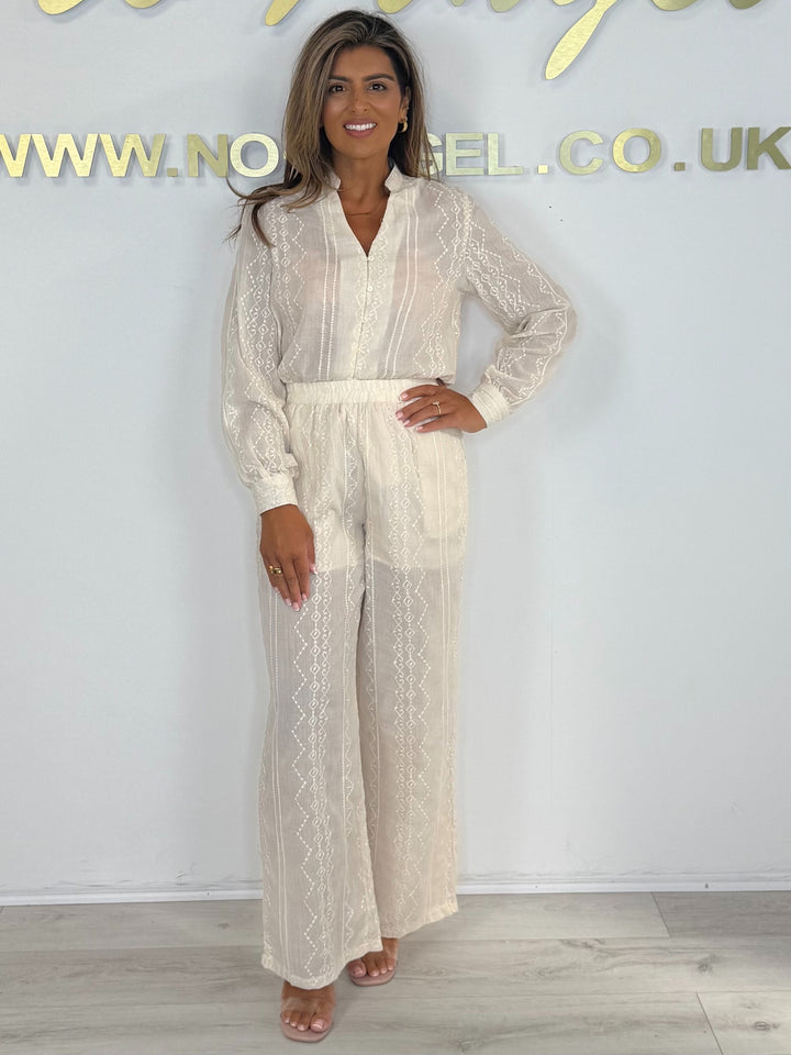 Embroidered Stitching Grandad Collar Trouser Co-ord (2 Colours)