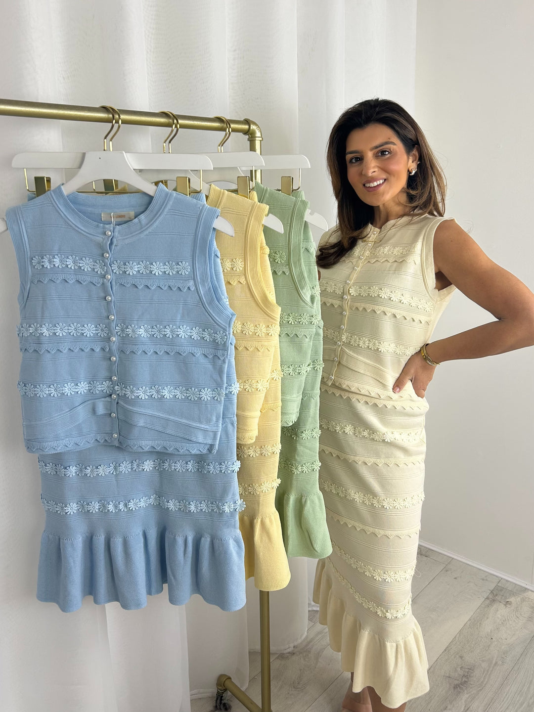 Floral Knit Pearl Button Sleeveless Top & Maxi Skirt Co-Ord (4 Colours)