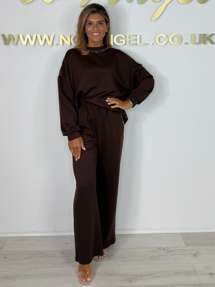 Chocolate Oversize Sweatshirt Sequin Trim Trouser Co-ord