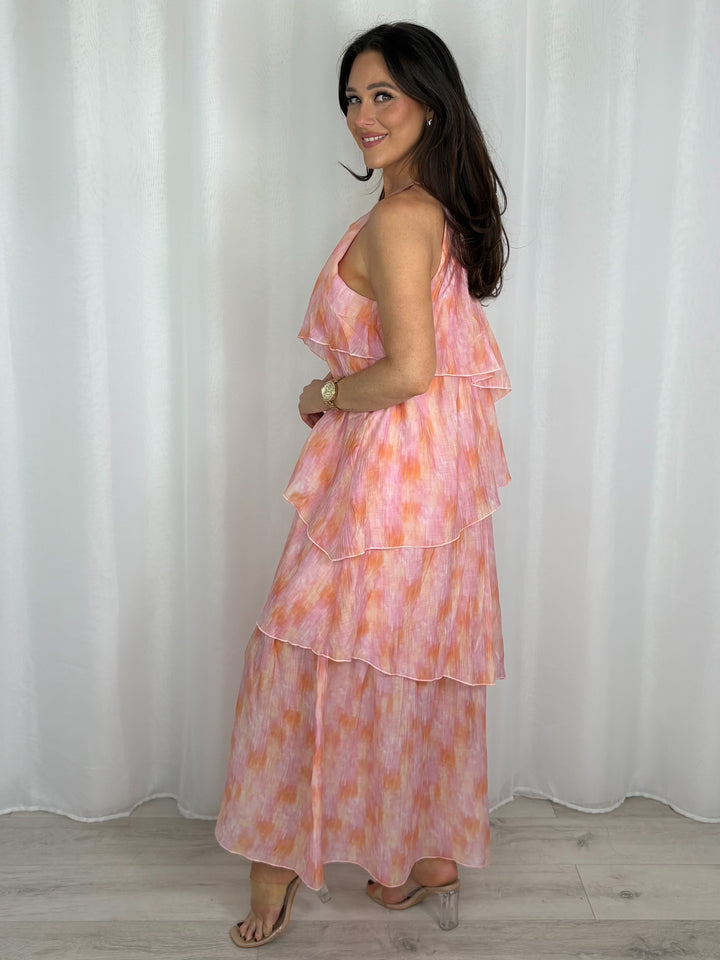 Pink Tie Dye Tiered Maxi Dress