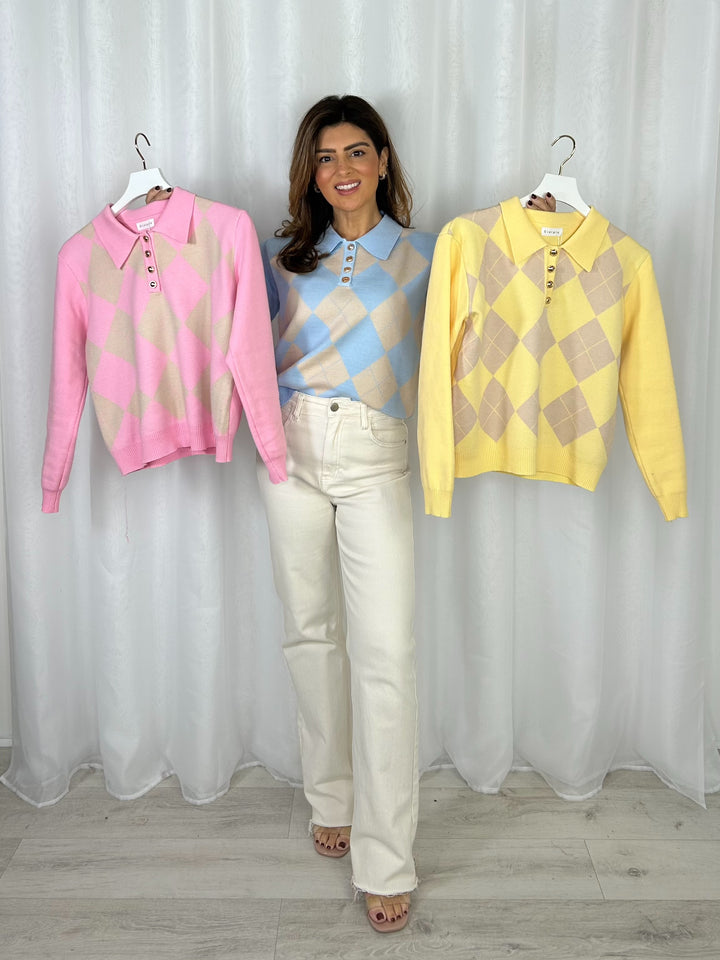 Diamond Print Gold Button Polo Jumper (3 Colours)
