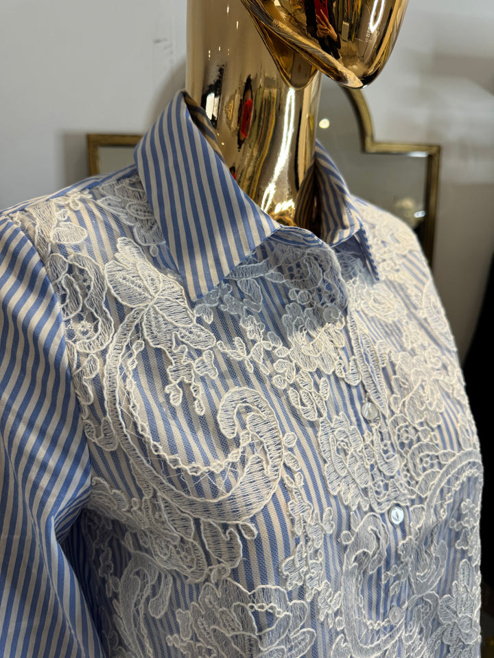 Blue & White Stripe Embroidery Anglaise Shirt