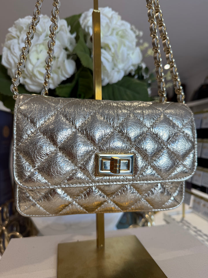 Genuine Leather Quilted Turn Lock Chain Handle Handbag (8 Colours)