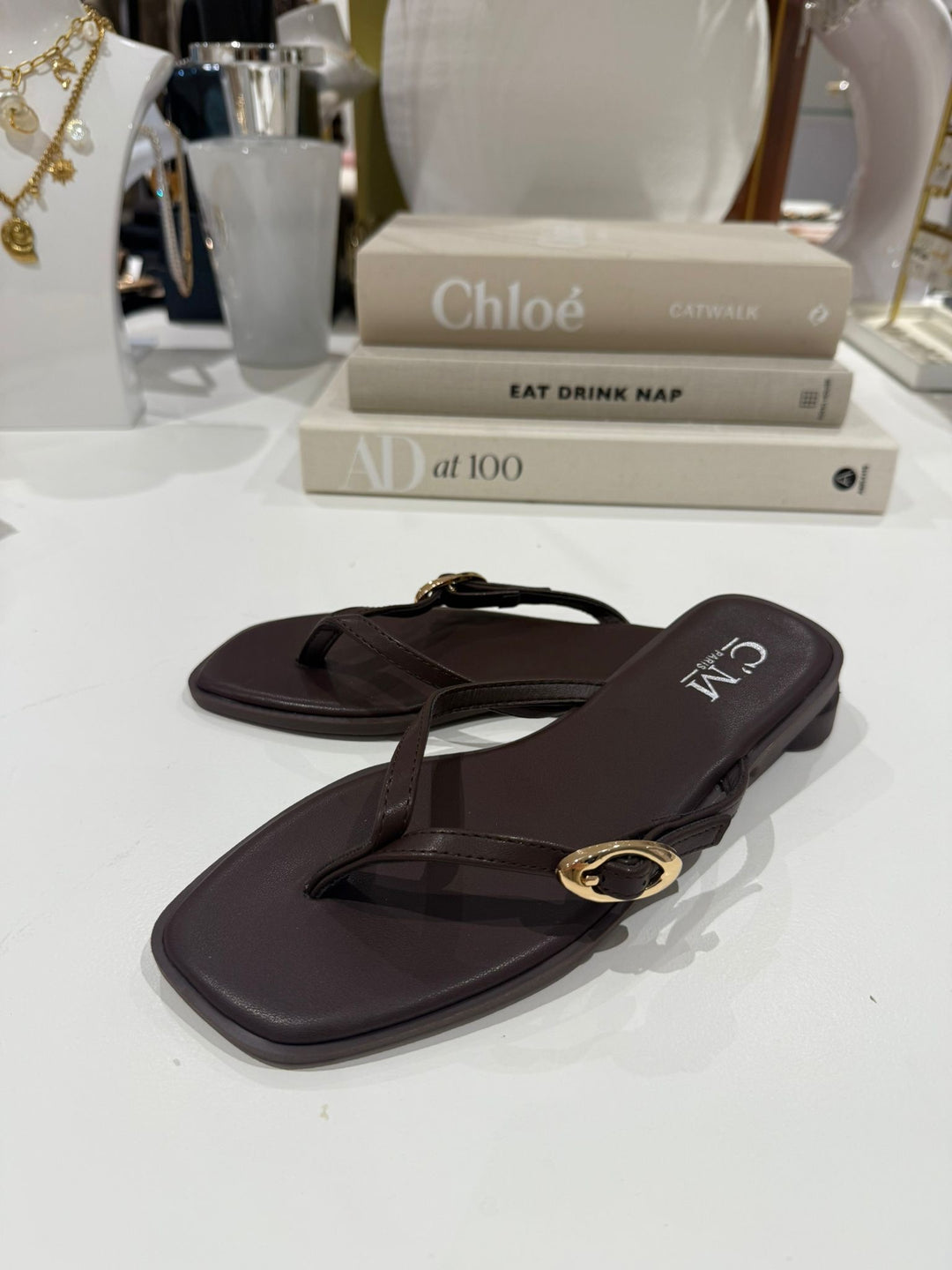Toe Thong Flat Gold Buckle Sandals (2 Colours)