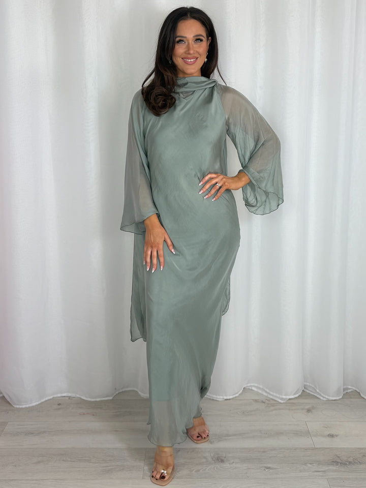 Khaki Silk Draped Maxi Dress