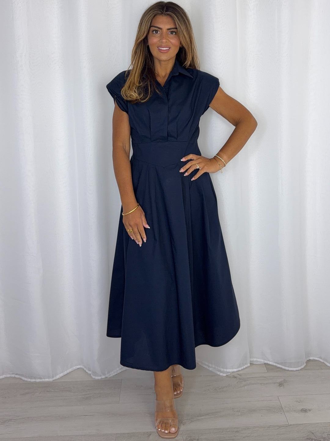 Shoulder Pad Cap Sleeve Midi Dress (7 Colours)