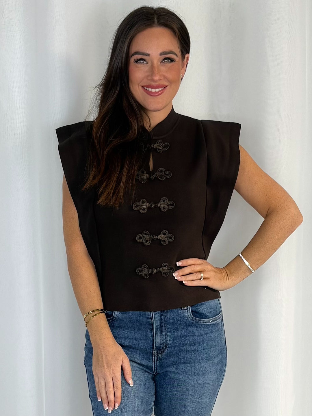 Structured Cap Sleeve Frog Knot Top (2 Colours)