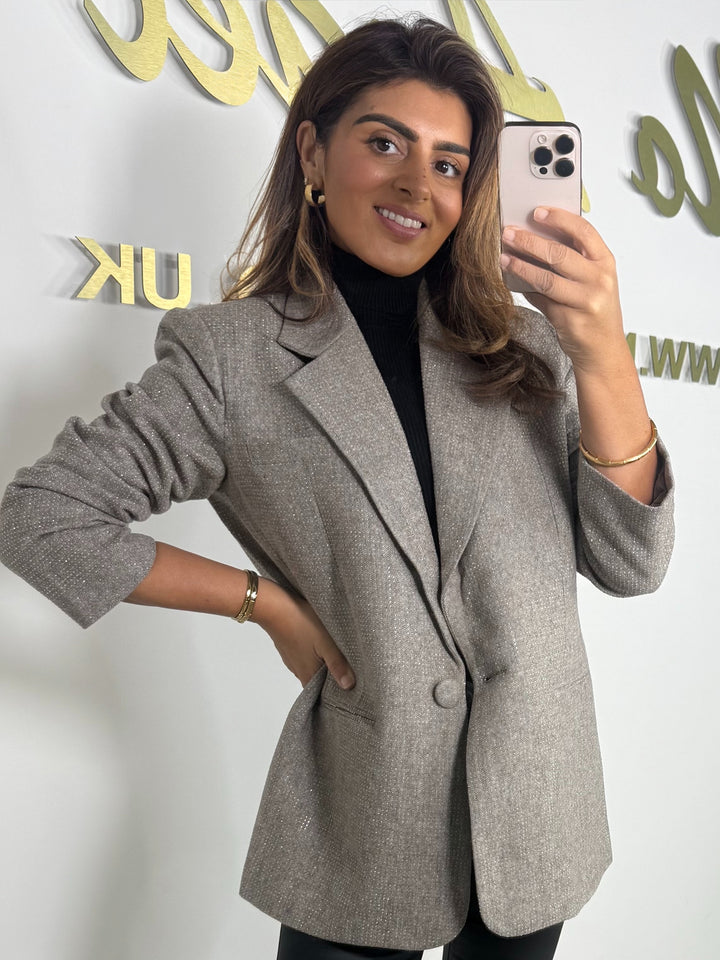 Stone Studded Single Button Collared Oversize Blazer