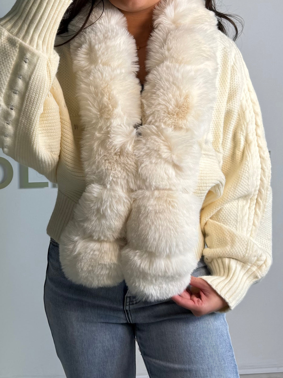 Cream Faux Fur Trim Cable Design Cardigan
