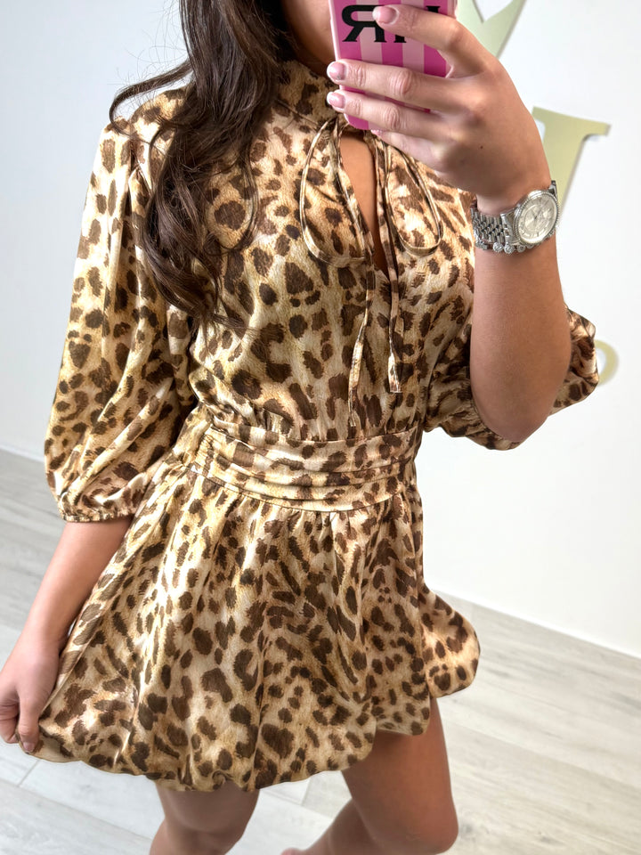 Leopard Puff Tie Front Mini Dress