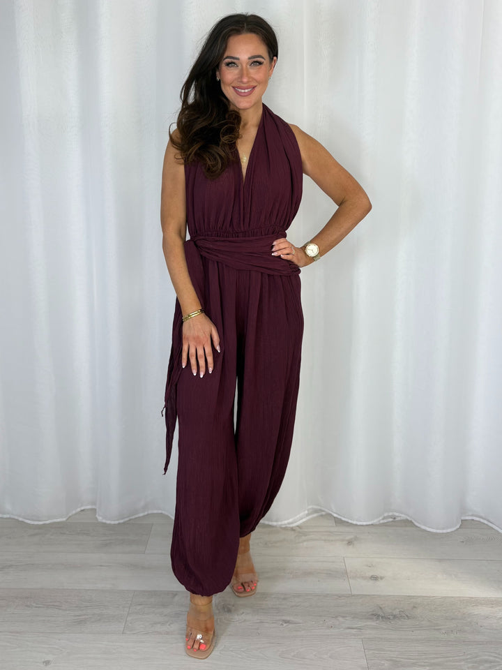 Crinkle Shimmer Halter Neck Drape Detail Backless Jumpsuit (7 Colours)