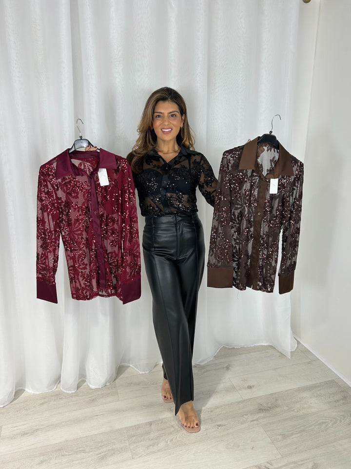 Collared Flower Sequin Detail Sheer Shirt (3 Colours)