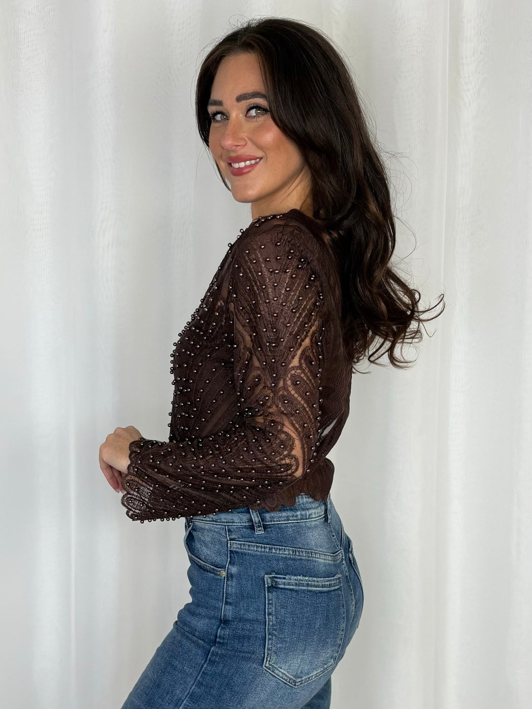 Long sleeve Beaded Top With Embroidery Detail (2 Colours)