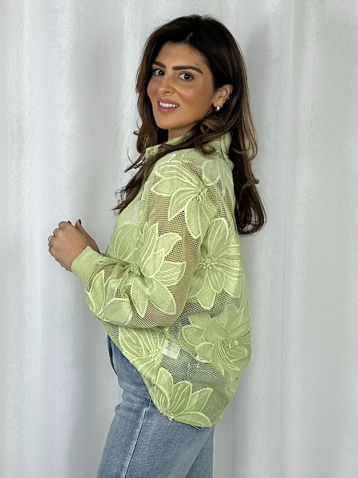 Oversized Mesh Flower Detail Collared Shirt (5 Colours)