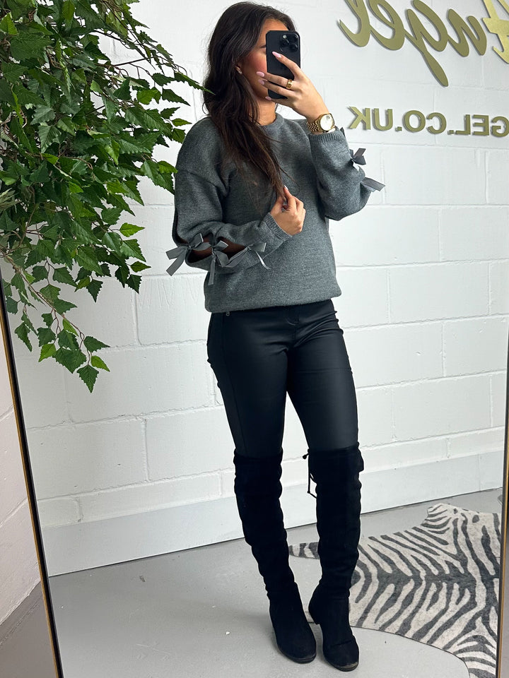 Grey Fine Knit Jumper With Bow Satin Detail