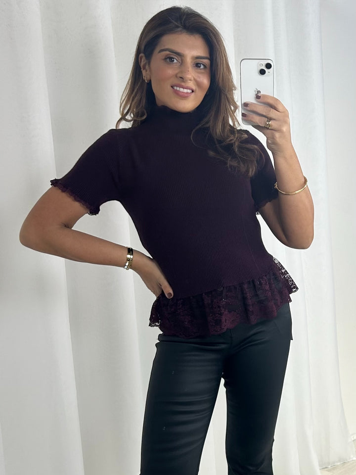 Lace Trim Ribbed High Neck Short Sleeve Top (4 Colours)