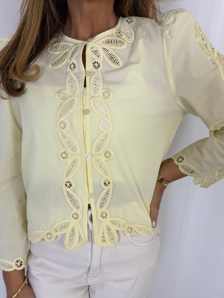 Lemon Crochet Scalloped Edge Button Up Blouse
