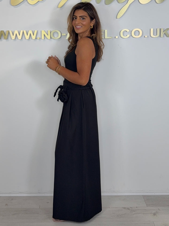 Wide Leg Plaited Belt Detail Flower Broach Trousers (4 Colours)
