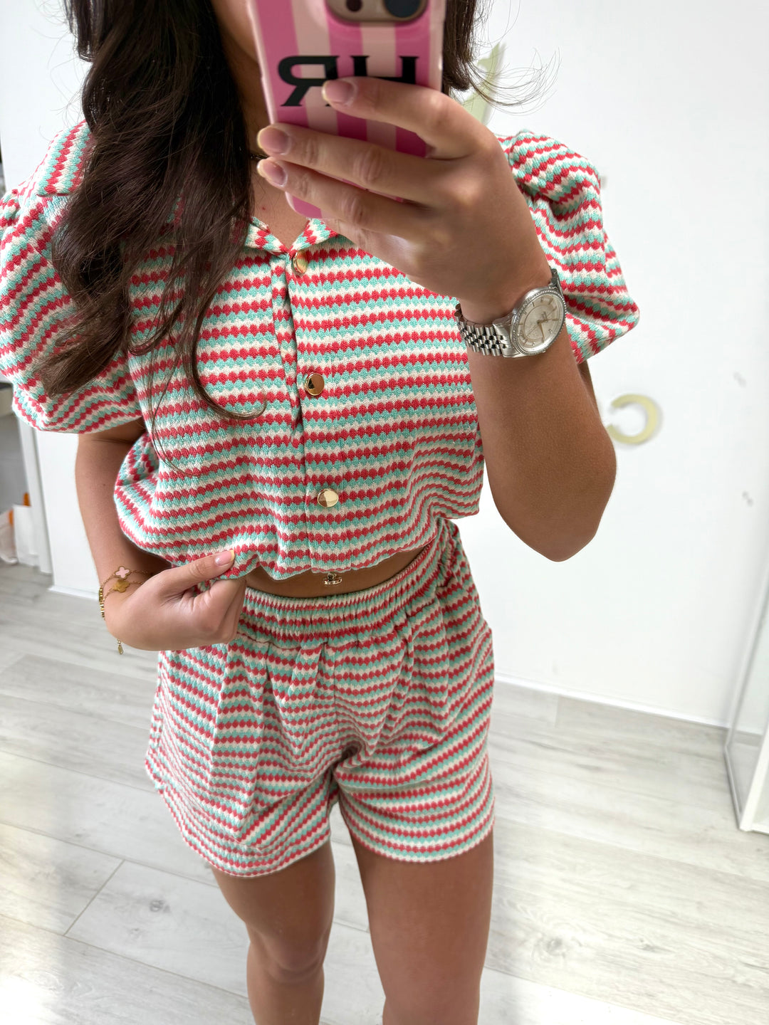 Zig Zag Gold Button Collared Puff Sleeve Shorts Co-ord (2 Colours)