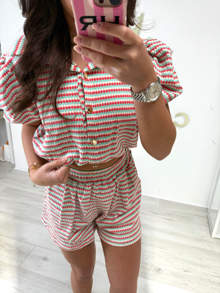 Zig Zag Gold Button Collared Puff Sleeve Shorts Co-ord (2 Colours)