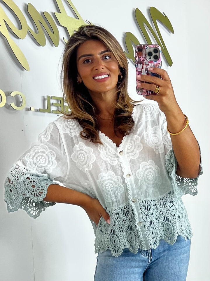 Dip Dye Button Up V-Neck Crochet Bell Sleeve & Crochet Top (2 Colours)